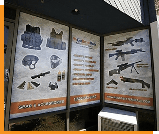 A group of three posters with guns and accessories on them.