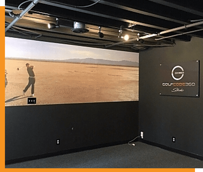 A room with a wall mural of a man playing golf.