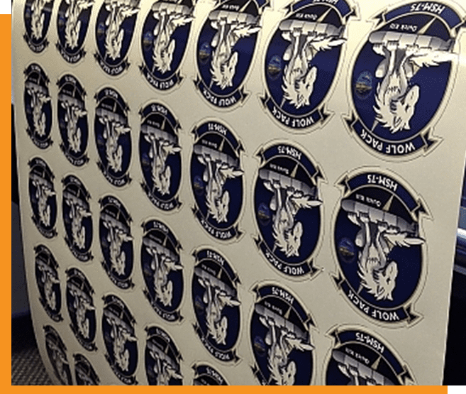 A wall of stickers with the seal of the u. S. Navy